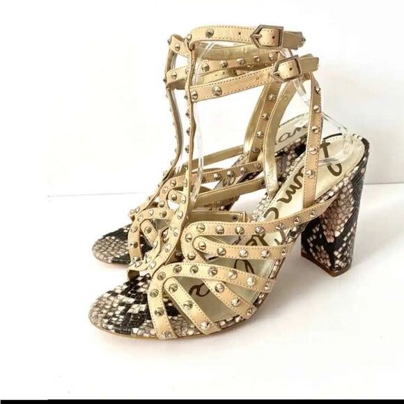 Sam Edelman Yadira leather tan studded & snake skin print Gladiator sandals SZ7 - Picture 2 of 11